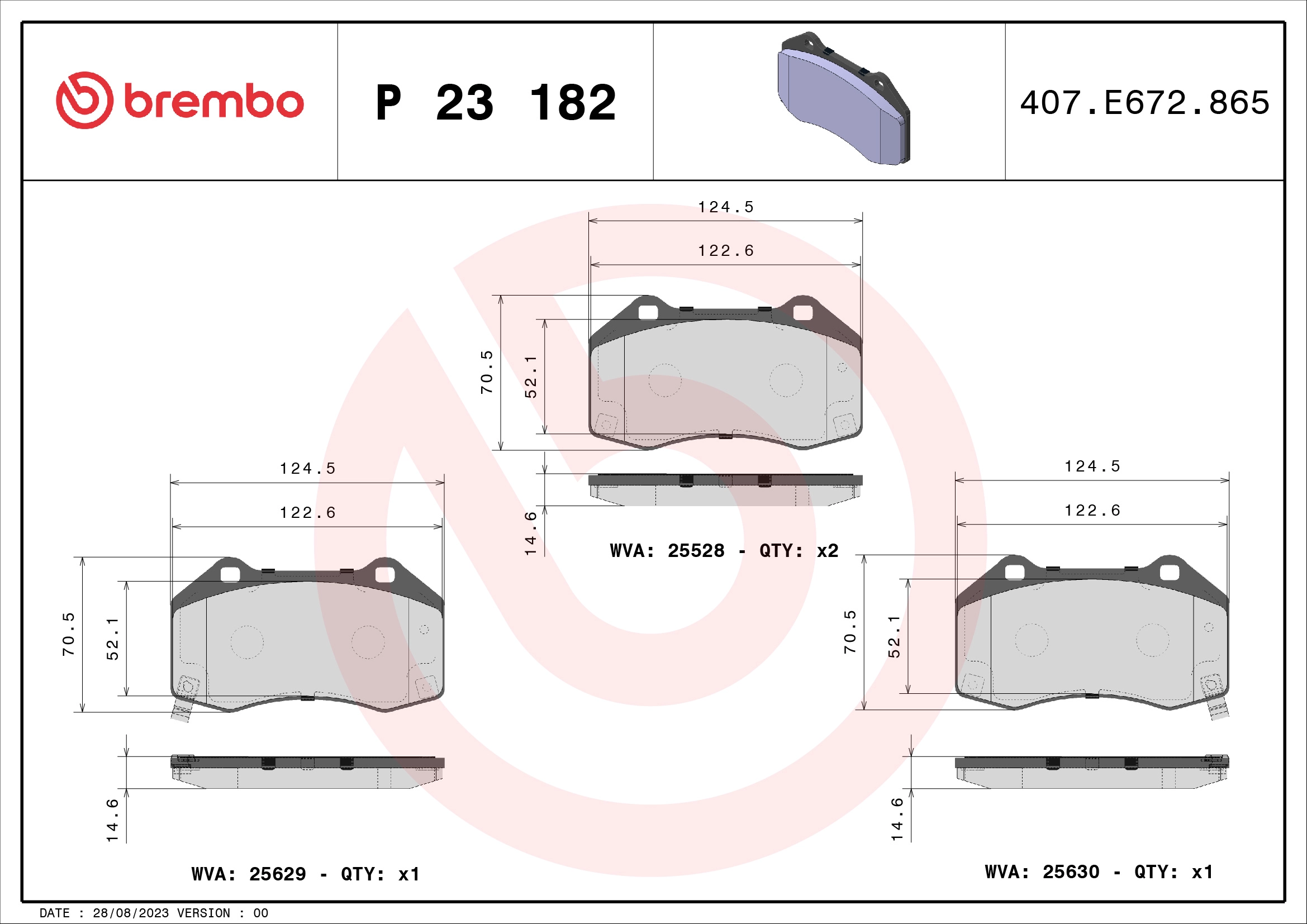BREMBO P 23 182 - Комплект тормозных колодок, дисковый тормоз PRIME LINE