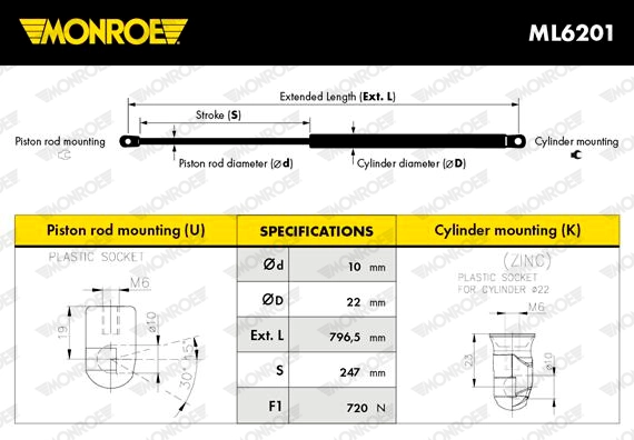 MONROE ML6201 - Газовая пружина, крышка багажник MONROE MaxLift