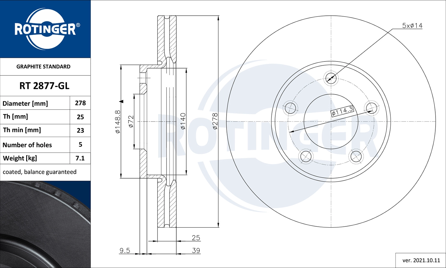 ROTINGER RT 2877-GL - Тормозной диск GRAPHITE LINE