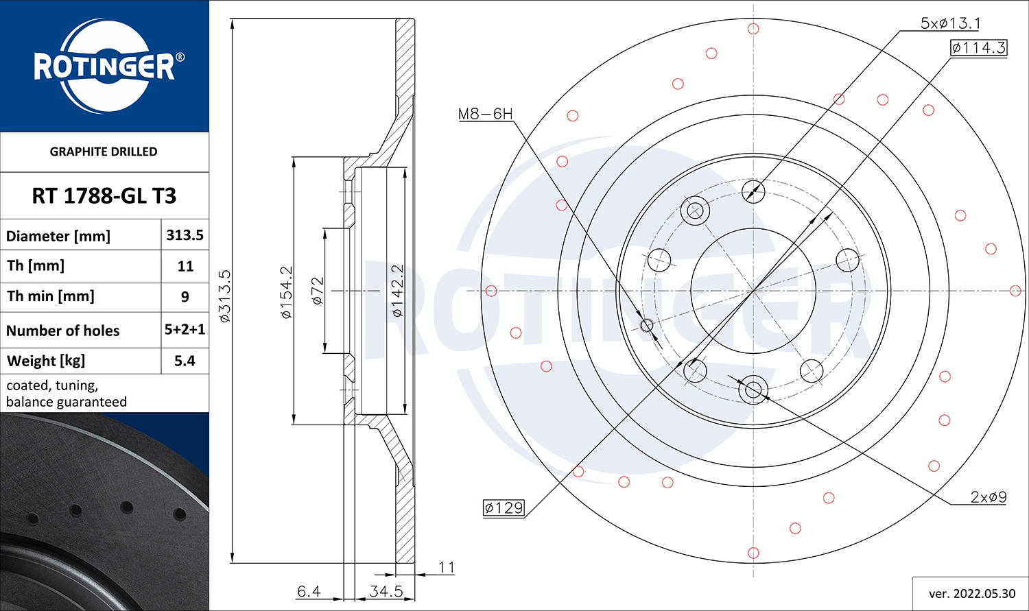 ROTINGER RT 1788-GL T3 - Тормозной диск GRAPHITE DRILLED