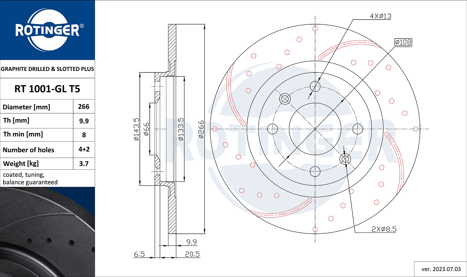 ROTINGER RT 1001-GL T5 - Тормозной диск GRAPHITE DRILLED & SLOTTED PLUS