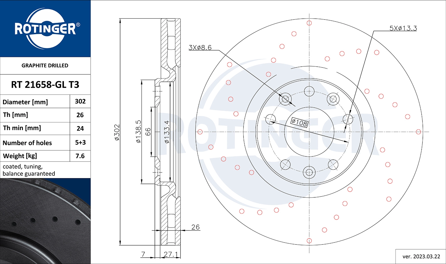 ROTINGER RT 21658-GL T3 - Тормозной диск GRAPHITE DRILLED
