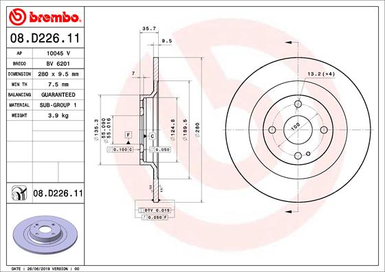 BREMBO 08.D226.11 - Тормозной диск PRIME LINE - UV Coated