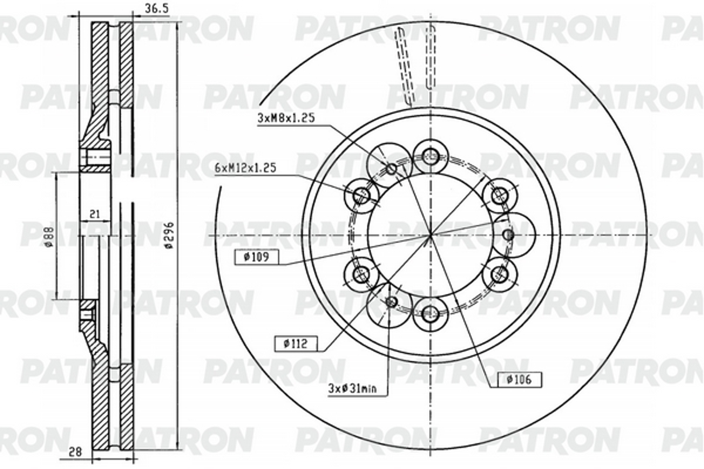 PATRON pbd1034 - Диск тормозной передн GW Hover H5 (дизель) / H3 Turbo (d = 296 mm)