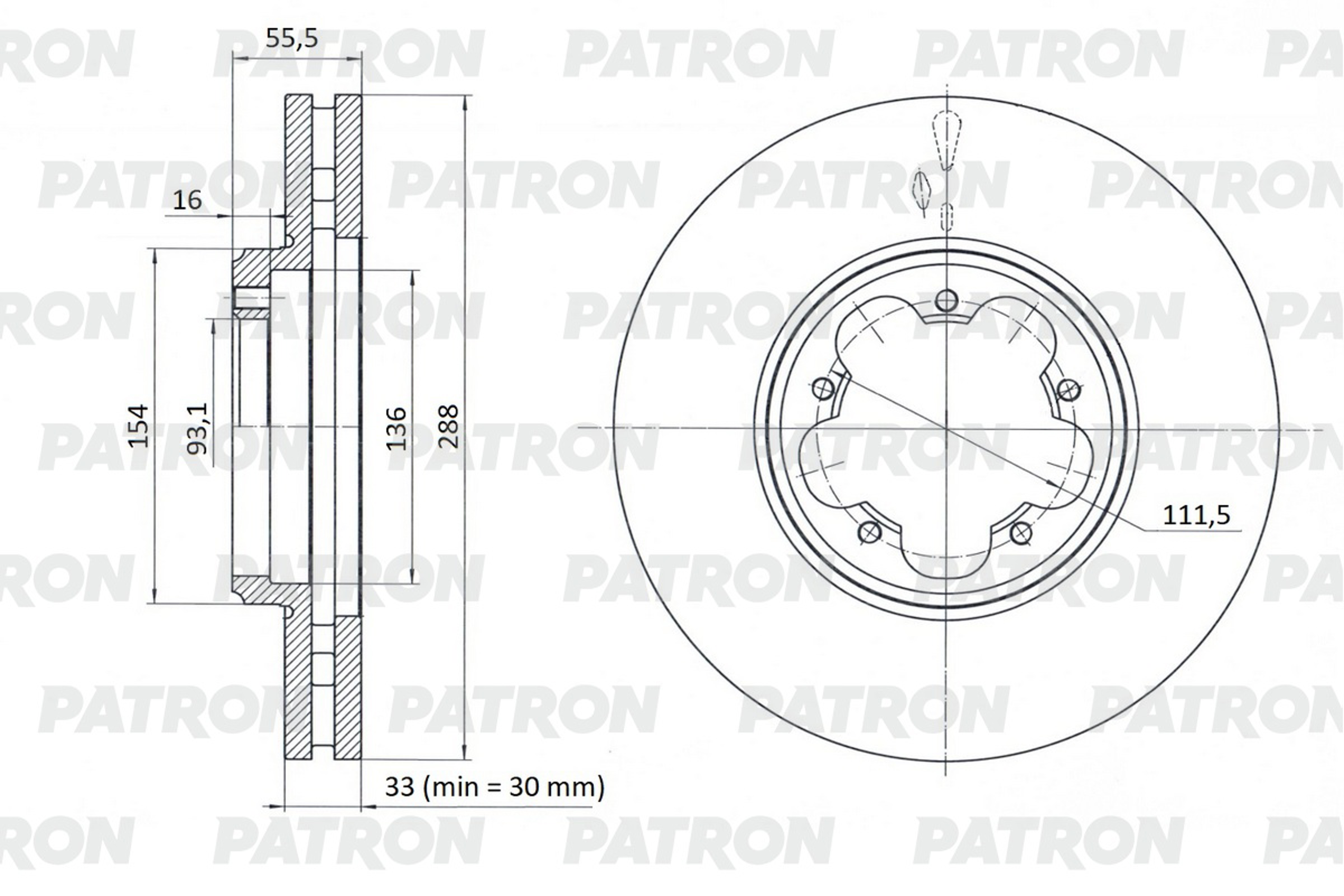 PATRON pbd1929 - Диск тормозной пер. FORD TOURNEO CUSTOM (d=288 mm, разболтовка 5х111,5 mm) 12-