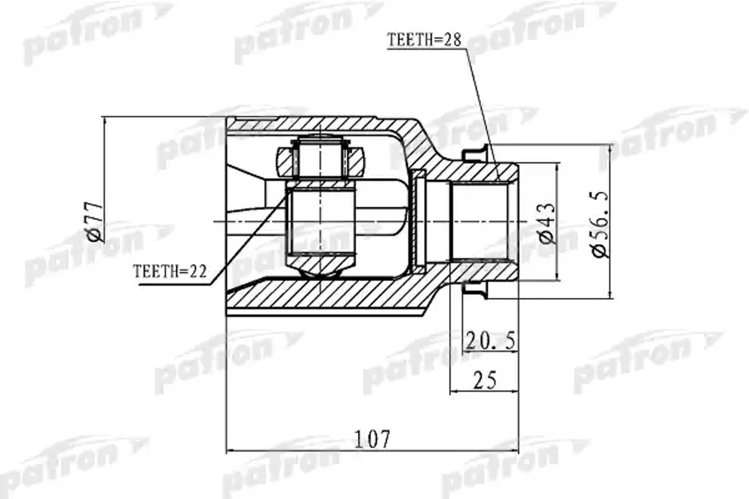 PATRON pcv1172 - ШРУС внутренний правый 22x43x28 KIA SHUMA,II/SEPHIA,II/MENTOR,II/SPECTRA 97-04