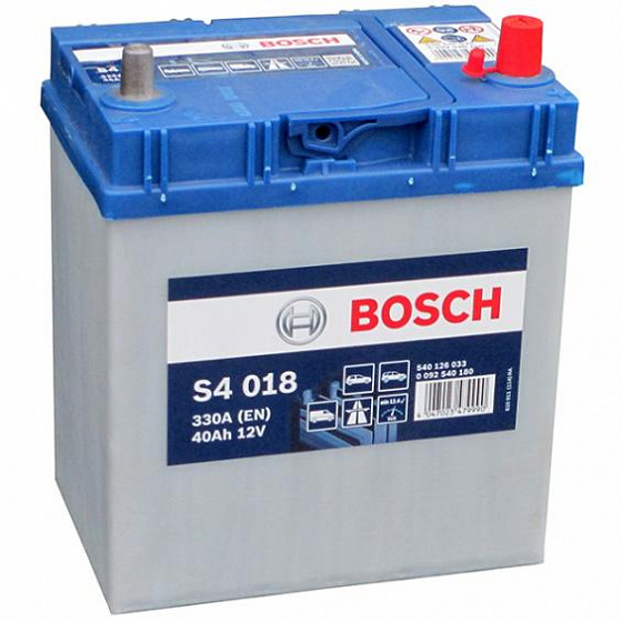 Аккумулятор Bosch S4 018 Asia (40 А/h), 330A R+ JIS  тонкие клеммы (540 126 033)